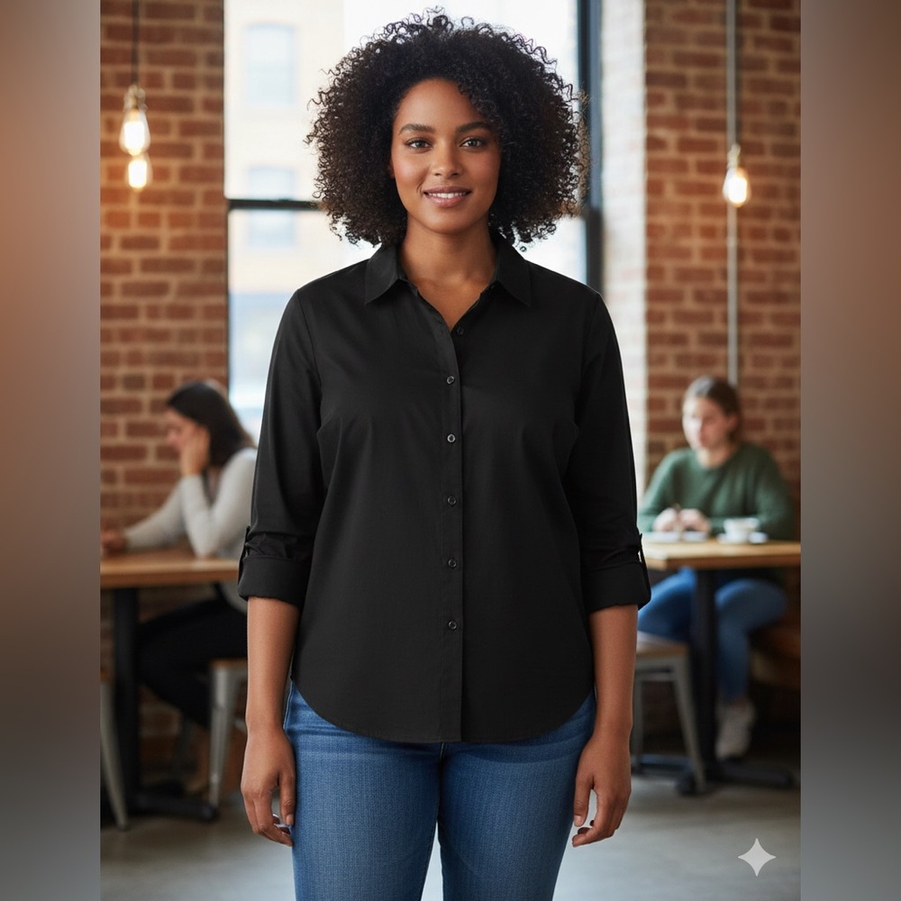 SIZE 2X NWOT Denim & Co. Cotton/ Spandex Stretch Black Button Down Blouse